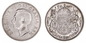 MONEDAS EXTRANJERAS
CANADÁ
JORGE VI
50 Cents. AR. 1950. 11,53 g. KM.45. MBC+/EBC-