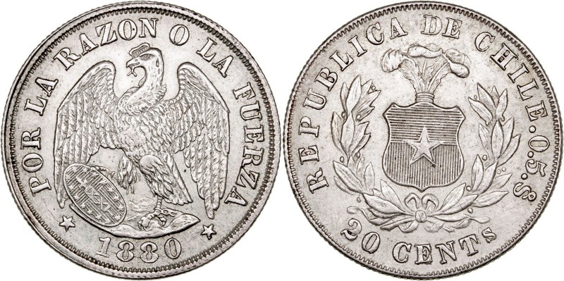 MONEDAS EXTRANJERAS
CHILE
20 Centavos. AR. Santiago. 1880. 4,96 g. KM.138,2. M...