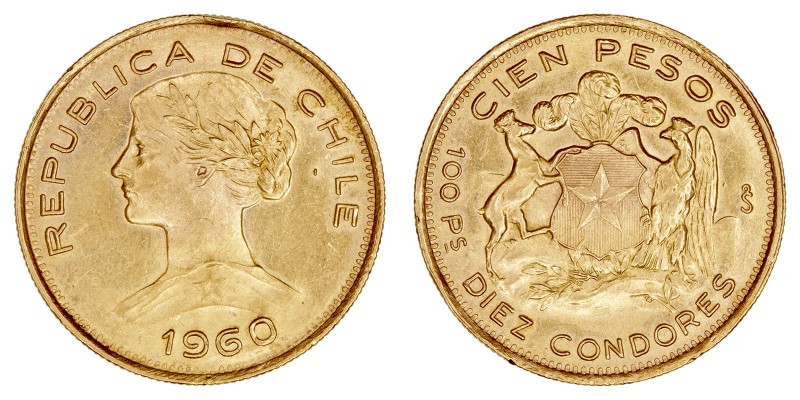 MONEDAS EXTRANJERAS
CHILE
100 Pesos. AV. Santiago. 1960. 20,37 g. KM.175. Golp...