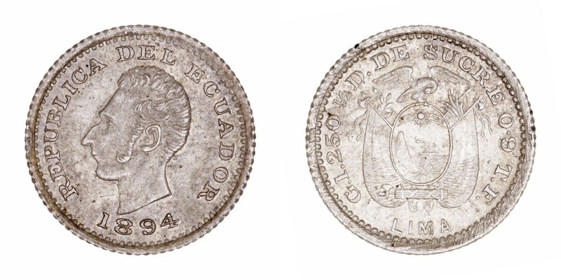 MONEDAS EXTRANJERAS
ECUADOR
1/2 Décimo. AR. Lima TF. 1894. 1,28 g. KM.55,1. Be...