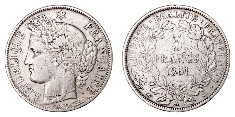 MONEDAS EXTRANJERAS
FRANCIA
5 Francos. AR. 1851 A. 24,72 g. KM.761,1. Rayitas....