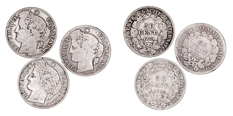 MONEDAS EXTRANJERAS
FRANCIA
Lote de 3 monedas. AR. 50 Céntimos 1850 A, 1871 A ...