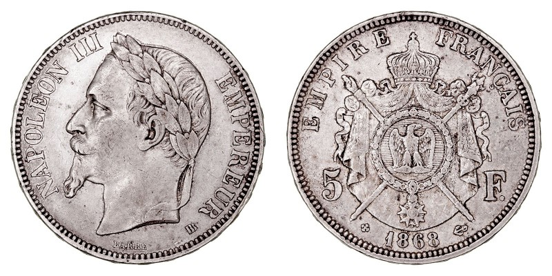 MONEDAS EXTRANJERAS
FRANCIA
NAPOLEÓN III
5 Francos. AR. 1868 BB. 24,83 g. KM....