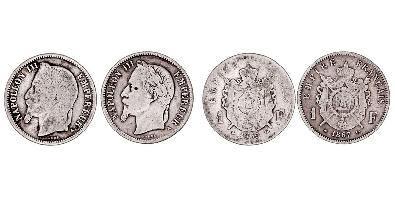 MONEDAS EXTRANJERAS
FRANCIA
NAPOLEÓN III
Lote de 2 monedas. AR. Franco 1867 A...