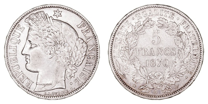 MONEDAS EXTRANJERAS
FRANCIA
5 Francos. AR. 1870 A. 24,91 g. KM.818,1. MBC+/MBC...