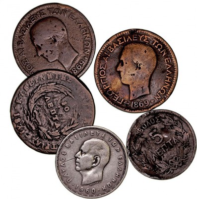 MONEDAS EXTRANJERAS
GRECIA
Lote de 5 monedas. AE/AE. 20 Dracmas 1960, 10 Lepta...