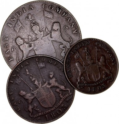 MONEDAS EXTRANJERAS
INDIA BRITÁNICA
Lote de 3 monedas. AE. 5, 10 y 20 Cash 180...