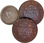 MONEDAS EXTRANJERAS
INDIA BRITÁNICA
JORGE VI
Lote de 3 monedas. AR/AE. 1/4 Anna 1940 (2) y 1/4 Rupia 1945. EBC+ a MBC+