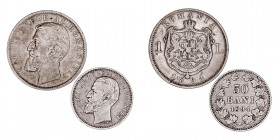 MONEDAS EXTRANJERAS
RUMANÍA
CARLOS I
Lote de 2 monedas. AR. Leu 1894 y 50 Bani 1894. MBC+ a MBC