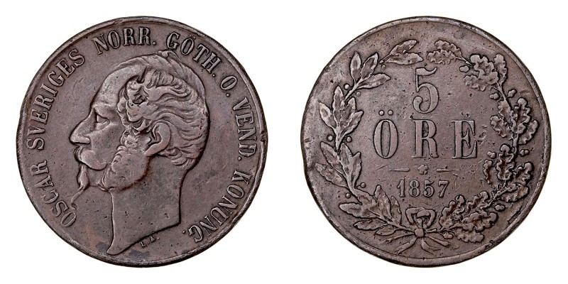 MONEDAS EXTRANJERAS
SUECIA
ÓSCAR I
5 Ore. AE. 1857. KM.690. Escasa. MBC/MBC-