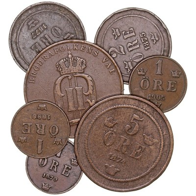MONEDAS EXTRANJERAS
SUECIA
Lote de 7 monedas. AE. 5 Ore 1874 y 1899; 2 Ore 187...