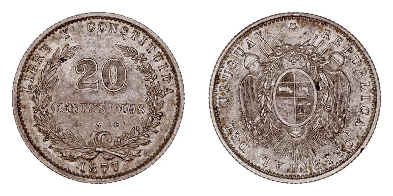 MONEDAS EXTRANJERAS
URUGUAY
20 Centésimos. AR. 1877 A. 5,02 g. KM.15. Muy boni...