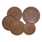 MONEDAS EXTRANJERAS
URUGUAY
Lote de 5 monedas. AE. 4 Centésimos 1869, 2 Centésimos 1869 (3), Centésimo 1869. MBC+ a MBC