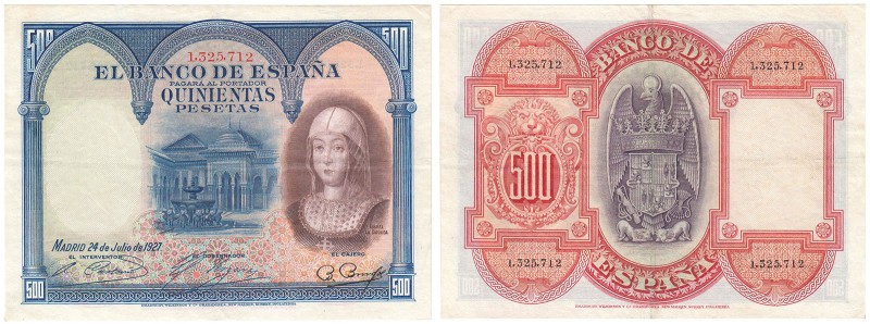 BILLETES
BANCO DE ESPAÑA
500 Pesetas. 24 julio 1927. Sin serie. Numeración ant...