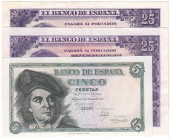 BILLETES
ESTADO ESPAÑOL, BANCO DE ESPAÑA
Lote de 3 billetes. 5 Pesetas 1948 (serie J), 25 Pesetas 1954 (serie L y M). Uno de 25 pesetas tiene rotura...