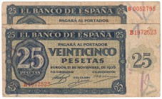 BILLETES
ESTADO ESPAÑOL, BANCO DE ESPAÑA
25 Pesetas. Burgos, 21 noviembre 1936. Lote de 2 billetes. Serie B y S. ED.419A. BC a BC-