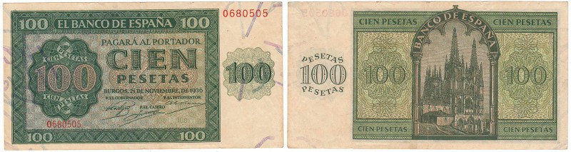 BILLETES
ESTADO ESPAÑOL, BANCO DE ESPAÑA
100 Pesetas. Burgos, 21 noviembre 193...