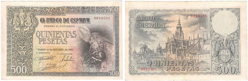 BILLETES
ESTADO ESPAÑOL, BANCO DE ESPAÑA
500 Pesetas. 21 octubre 1940. Sin ser...