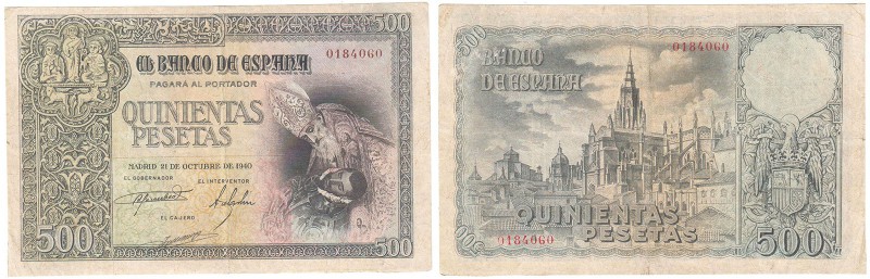 BILLETES
ESTADO ESPAÑOL, BANCO DE ESPAÑA
500 Pesetas. 21 octubre 1940. Sin ser...