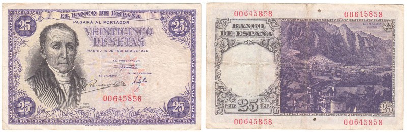BILLETES
ESTADO ESPAÑOL, BANCO DE ESPAÑA
25 Pesetas. 19 febrero 1946. Sin seri...