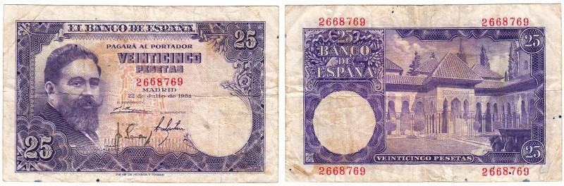 BILLETES
ESTADO ESPAÑOL, BANCO DE ESPAÑA
25 Pesetas. 22 julio 1954. Sin serie....