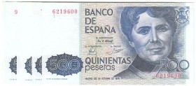BILLETES
JUAN CARLOS I, BANCO DE ESPAÑA
500 Pesetas. 23 octubre 1979. Sin serie. Lote de 8 billetes. ED.476. Todos SC, salvo dos que están doblados....