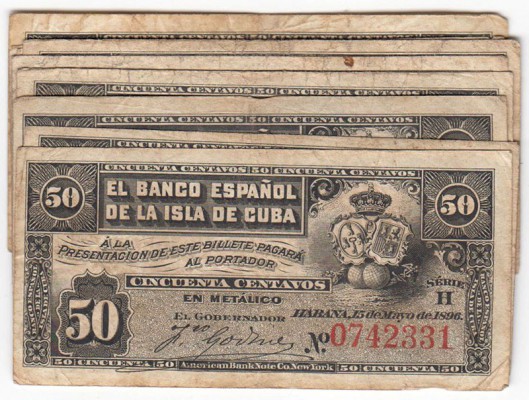 BILLETES
BANCO ESPAÑOL DE LA ISLA DE CUBA
50 Centavos. Habana, 15 mayo 1896. S...