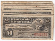 BILLETES
BANCO ESPAÑOL DE LA ISLA DE CUBA
50 Centavos. Habana, 15 mayo 1896. Serie H. Lote de 9 billetes. ED.70. BC+ a BC