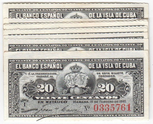BILLETES
BANCO ESPAÑOL DE LA ISLA DE CUBA
20 Centavos. Habana, 15 febrero 1897...