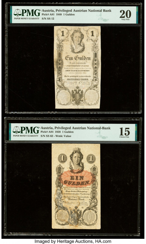 Austria Privileged Austrian National Bank 1 Gulden 1848; 1858 Pick A81; A84 Two ...