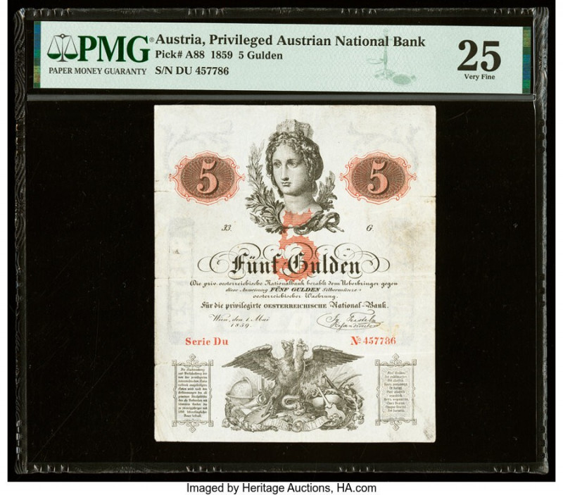 Austria Privileged Austrian National Bank 5 Gulden 1859 Pick A88 PMG Very Fine 2...