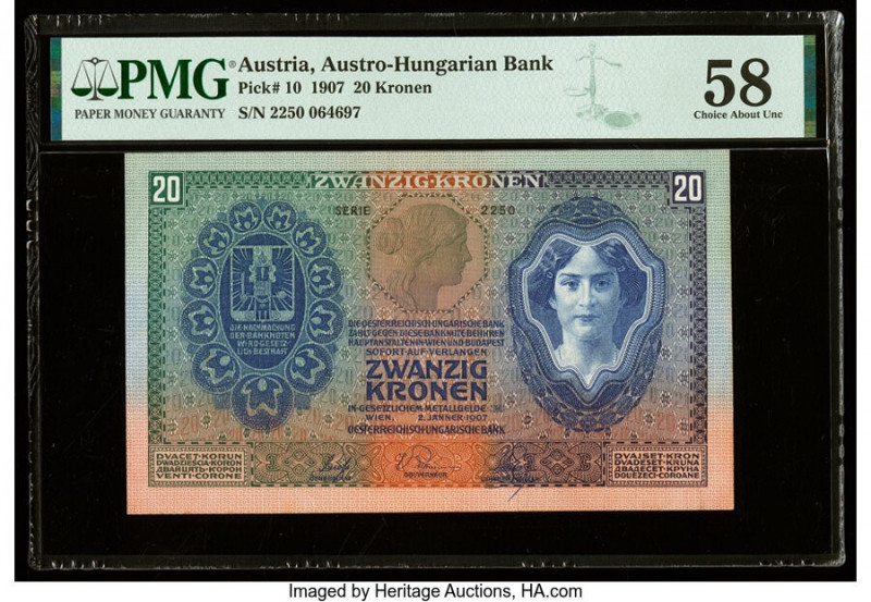Austria Austro-Hungarian Bank 20 Kronen 2.1.1907 Pick 10 PMG Choice About Unc 58...