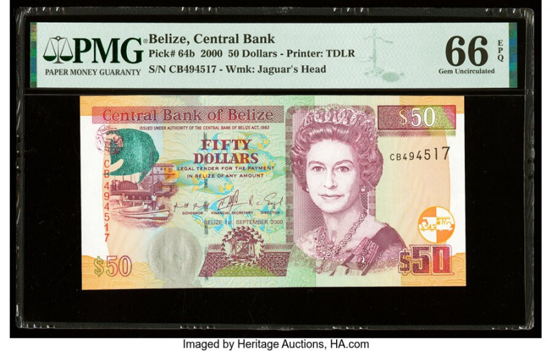 Belize Central Bank 50 Dollars 1.9.2000 Pick 64b PMG Gem Uncirculated 66 EPQ. 

...