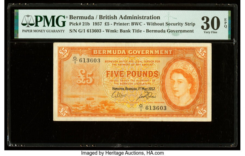 Bermuda Bermuda Government 5 Pounds 1.5.1957 Pick 21b PMG Very Fine 30 EPQ. 

HI...