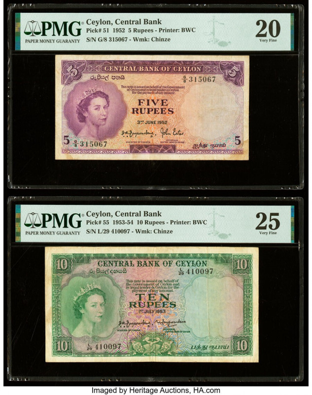 Ceylon Central Bank of Ceylon 5; 10 Rupees 3.6.1952; 1.7.1953 Pick 51; 55 Two Ex...