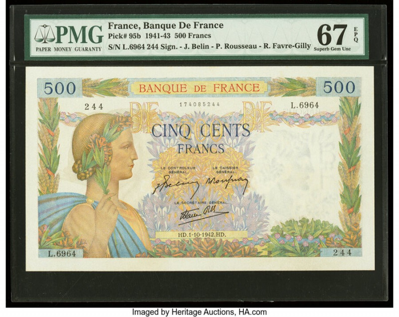 France Banque de France 500 Francs 1.10.1942 Pick 95b PMG Superb Gem Unc 67 EPQ....