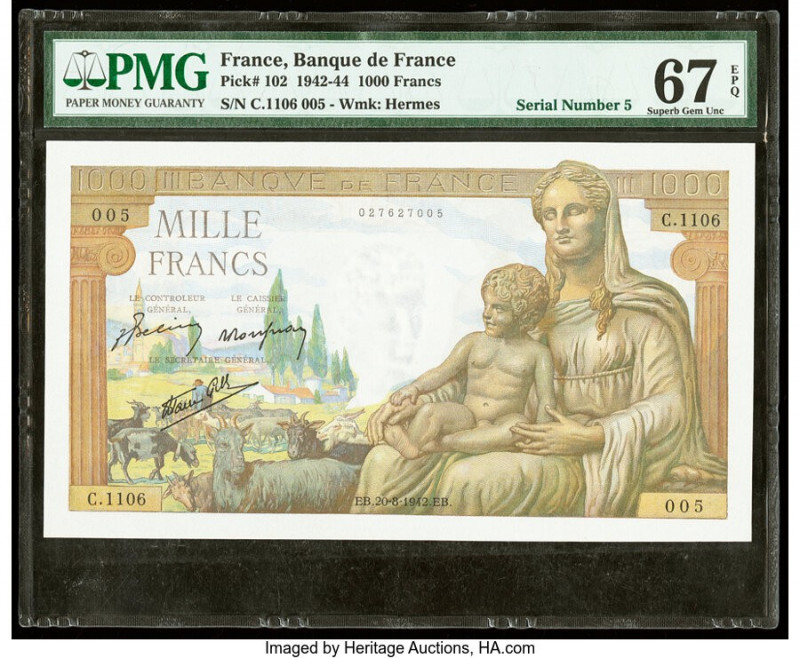 Serial Number 5 France Banque de France 1000 Francs 20.8.1942 Pick 102 PMG Super...