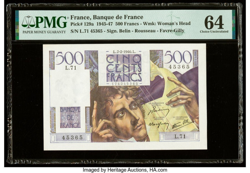 France Banque de France 500 Francs 7.2.1946 Pick 129a PMG Choice Uncirculated 64...
