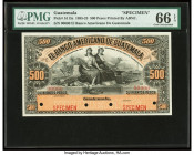 Guatemala Banco Americano de Guatemala 500 Pesos ND (1895-1925) Pick S115s Specimen PMG Gem Uncirculated 66 EPQ. Red Specimen overprints and four POCs...