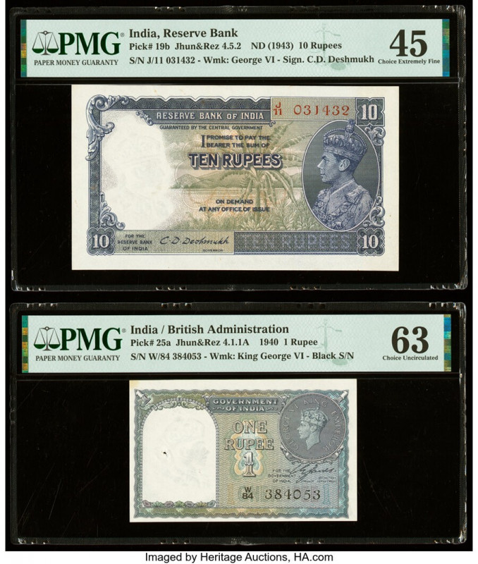 India Reserve Bank of India; British Administration 10; 1 Rupees ND (1943); 1940...