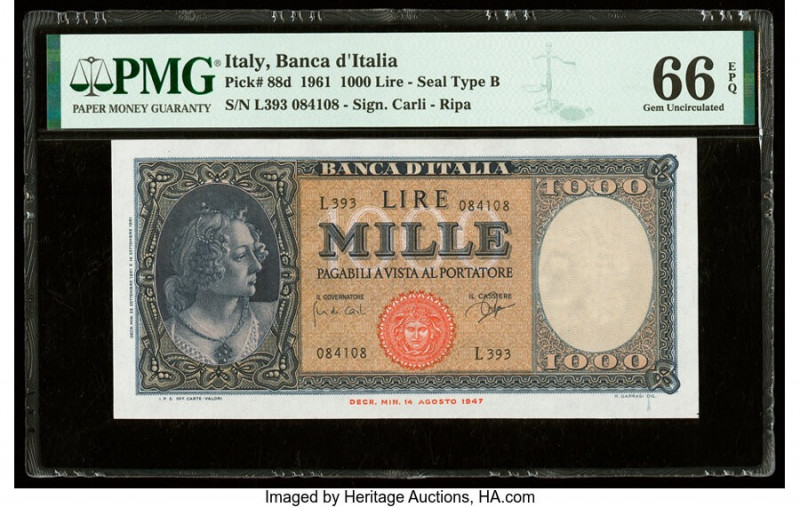 Italy Banco d'Italia 1000 Lire 1961 Pick 88d PMG Gem Uncirculated 66 EPQ. 

HID0...