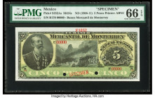 Mexico Banco Mercantil de Monterrey 5 Pesos ND (1906-11) Pick S352As M424s2 Specimen PMG Gem Uncirculated 66 EPQ. Red Specimen overprints and two POCs...