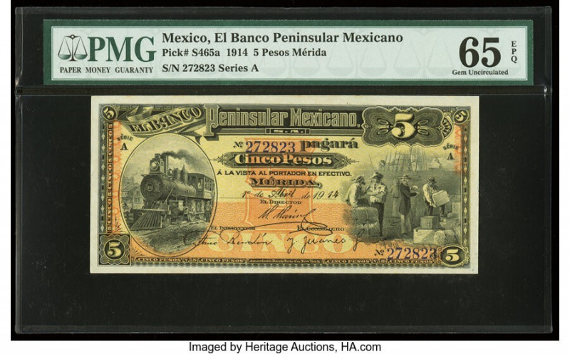 Mexico Banco Peninsular Mexicano 5 Pesos 1.4.1914 Pick S465a M561a PMG Gem Uncir...