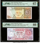 Qatar Qatar Monetary Agency 1; 5 Riyals ND (ca. 1980) Pick 7; 8a Two Examples PMG Superb Gem Unc 67 EPQ; Gem Uncirculated 66 EPQ. 

HID09801242017

© ...