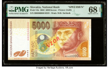 Slovakia Slovak National Bank 5000 Korun 17.11.2003 Pick 43s Specimen PMG Superb Gem Unc 68 EPQ. Red overprints are present on this example.

HID09801...