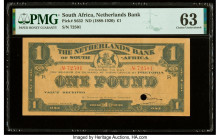 South Africa Netherlands Bank 1 Pound ND (1888-1920) Pick S632 PMG Choice Uncirculated 63. Cancelled with one punch hole and previous mounting present...