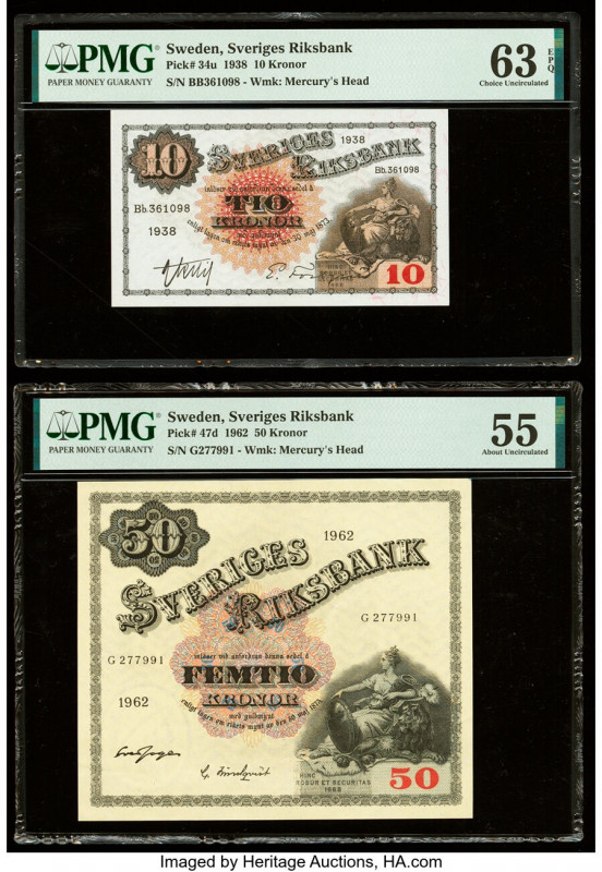 Sweden Sveriges Riksbank 10; 50 Kronor 1938; 1962 Pick 34u; 47d Two Examples PMG...