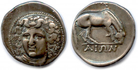 Greek
THESSALIE - LARISSA 400-344
Tête de la nymphe Larissa de trois-quarts de face, l’ampyx sur le 
front. 
R/. []Ω. Cheval paissant. Ligne de ba...