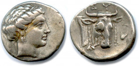 Greek
EUBÉE - ÉRÉTRIE 369-313
Tête de la nymphe Euboia à droite. R/. Tête et cou de taureau,
les cornes parées de cordelettes noueuses. EY et lyre....
