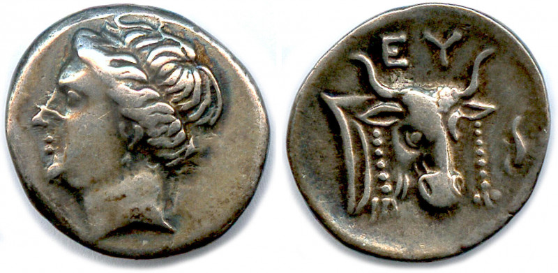 Greek
EUBÉE - ÉRÉTRIE 369-313
Tête de la nymphe Euboia à gauche. R/. Tête et c...